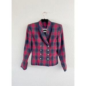 Kasper ASL Blazer Women 2P Red Green Plaid Vintage Double Breasted Shawl Collar